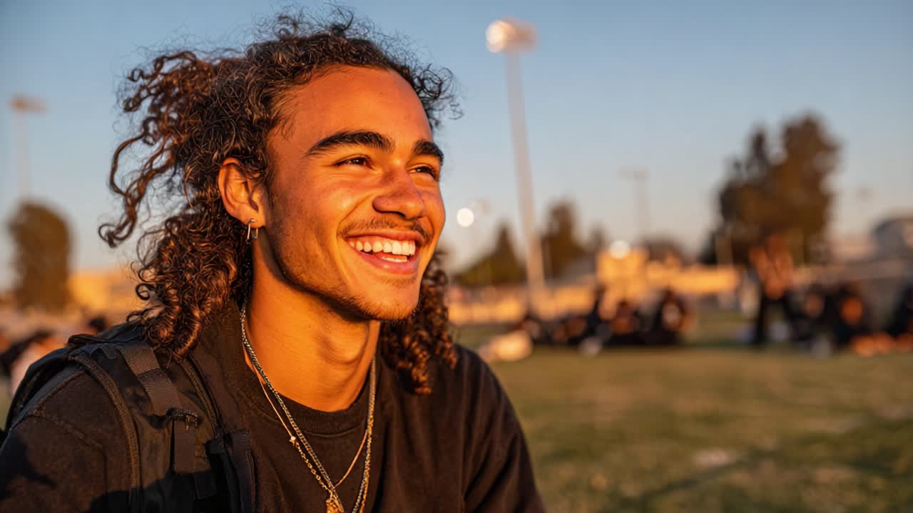 A joyous moment captured, showcasing a young man's bright smile and cheerful expression in a vibrant outdoor setting during sunset, radiating positivity and warmth