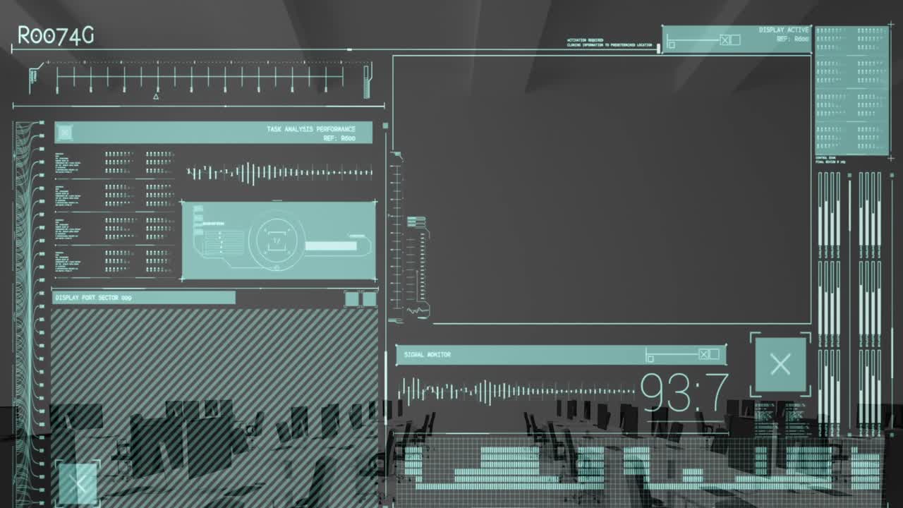 Animation of interface with data processing against empty office