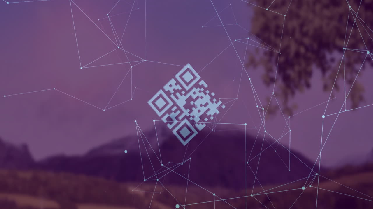 Animation of QR code with digital network over scenic mountain landscape