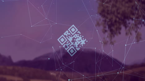 animation of qr code with digital network over scenic mountain landscape