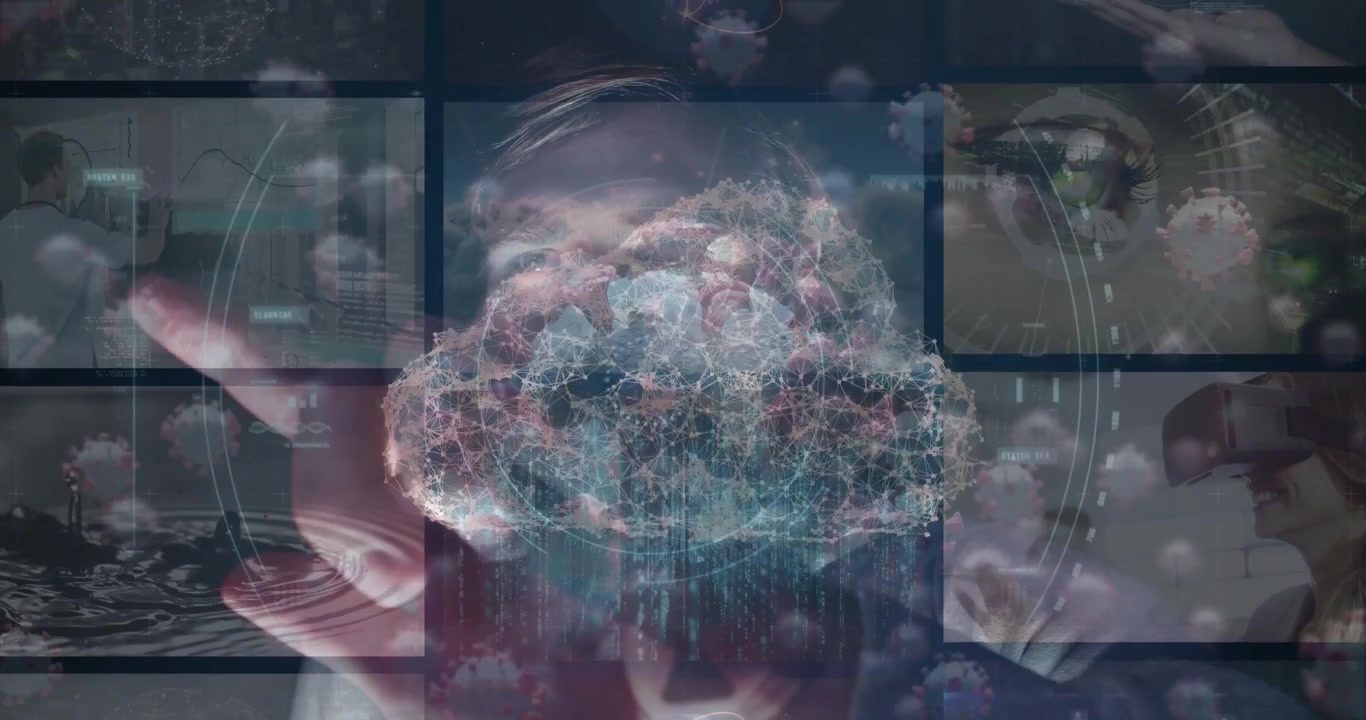 Animazione di persone multietniche che analizzano l'elaborazione dei dati sul COVID-19 su un'interfaccia digitale.