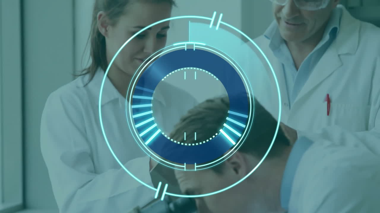 animación de escaneo de alcance sobre científico caucásico masculino y femenino en el laboratorio