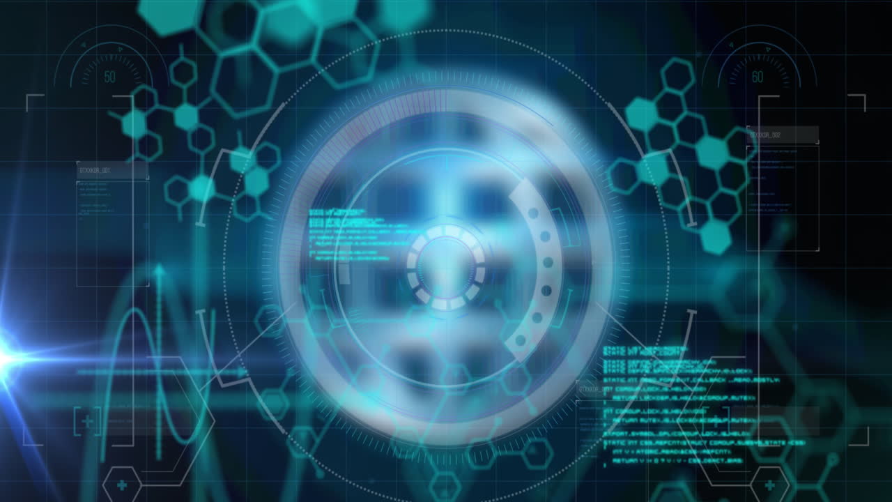 검은 바탕에 있는 육각형 네트워크로 범위 스캐닝과 데이터 처리의 애니메이션