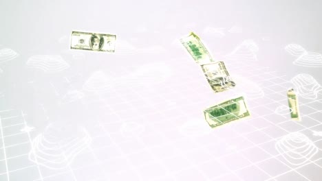 animation of topography structures over us dollar bill falling against grey background