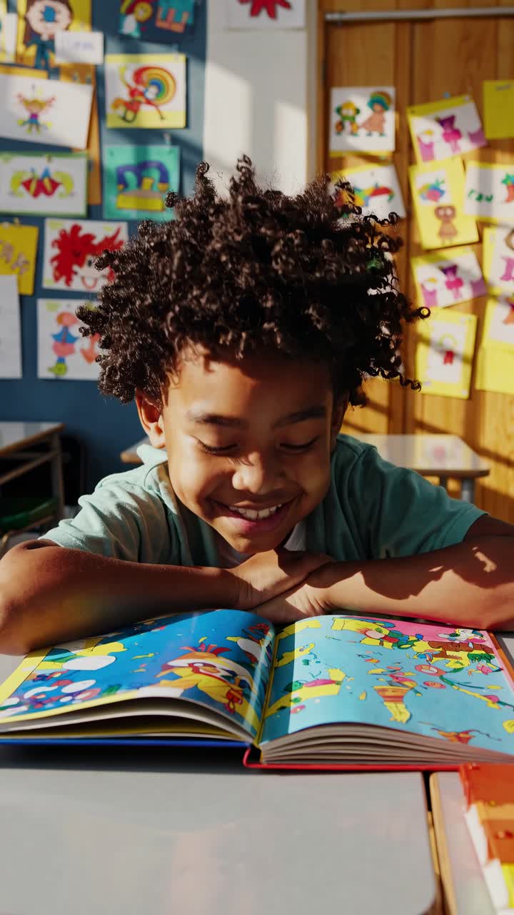 A joyful child smiling at a colorful book in a classroom. Shot from a low angle, the video captures