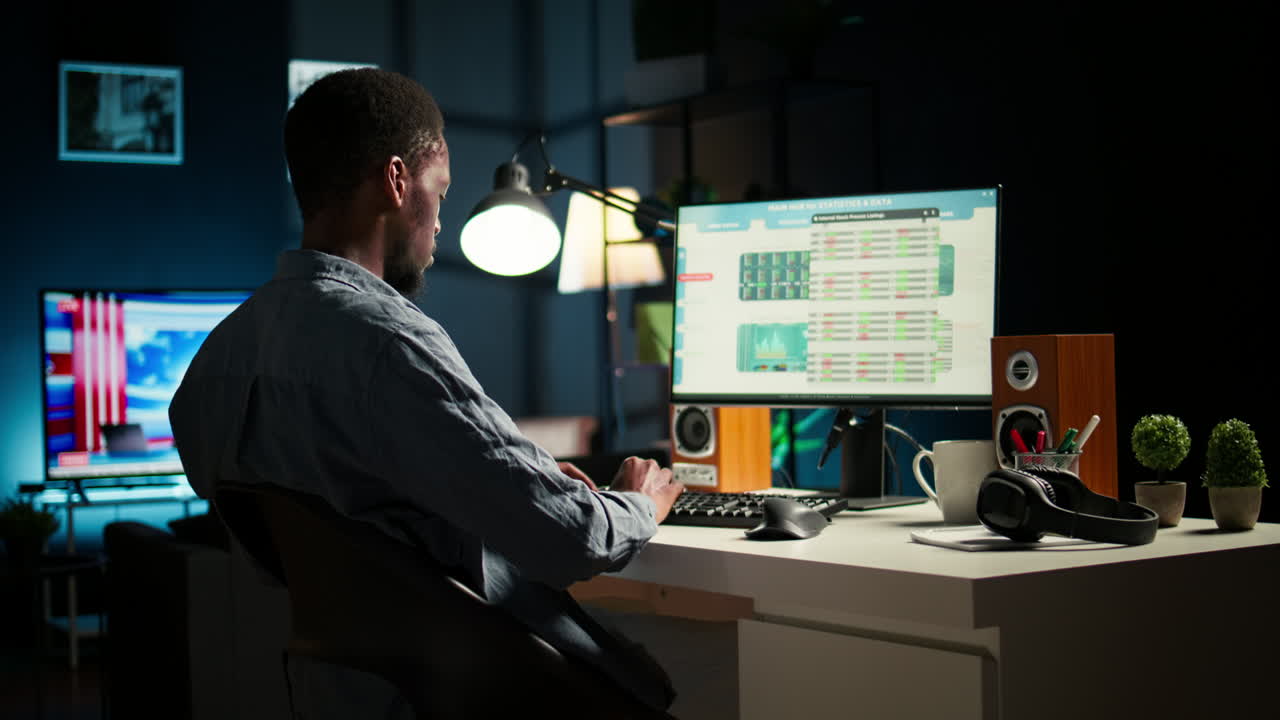 experto en inversiones afroamericano trabaja en casa analizando estadísticas financieras