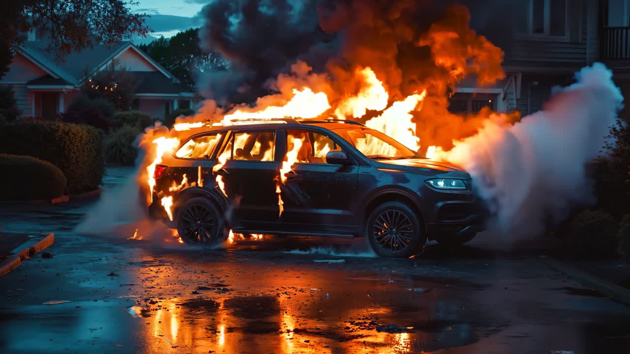 un coche en llamas frente a una casa