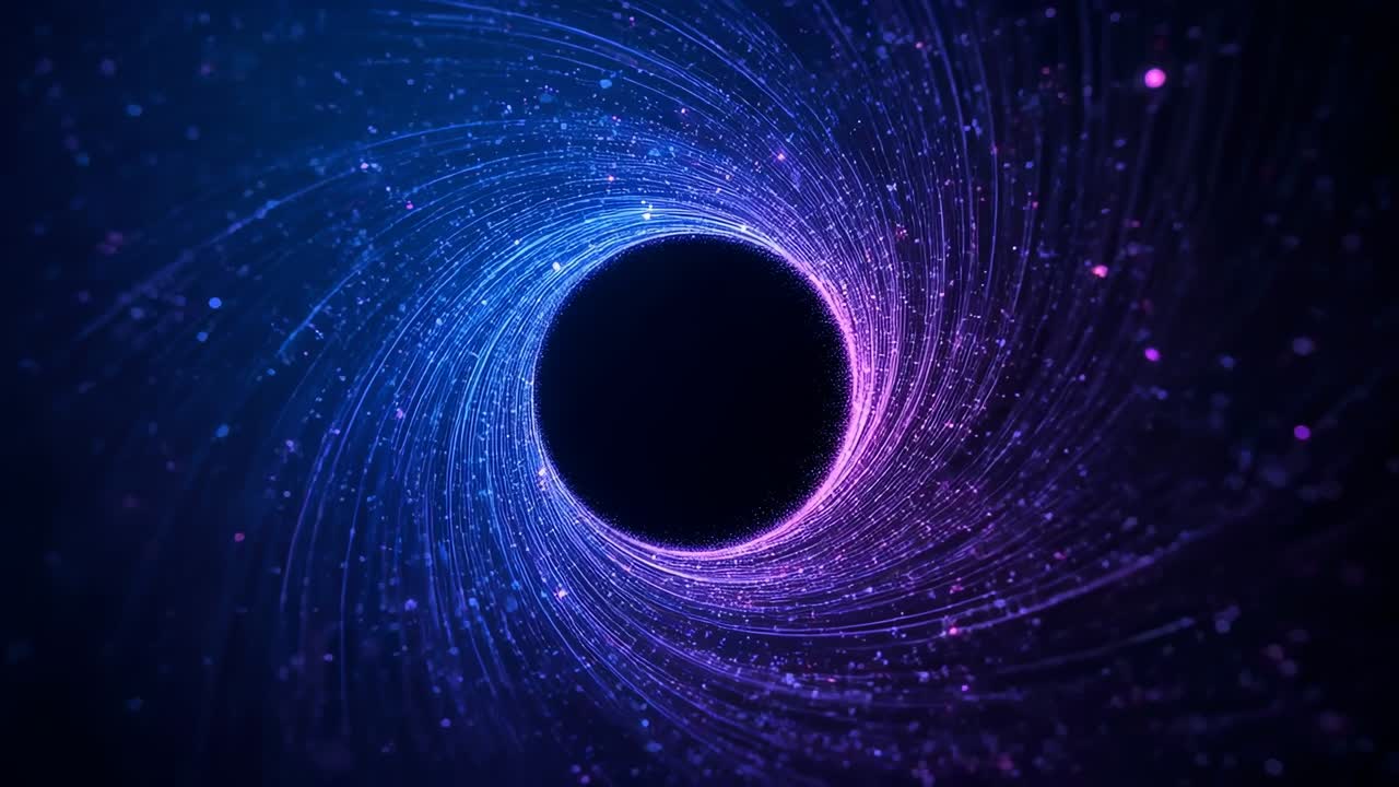 Starting digital vortex rotating slowly in space, luminous spiral streaming stars into central void