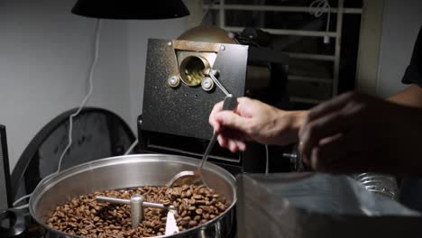 man inspects roast level of coffee beans in cooling basket while machine continues to rotate
