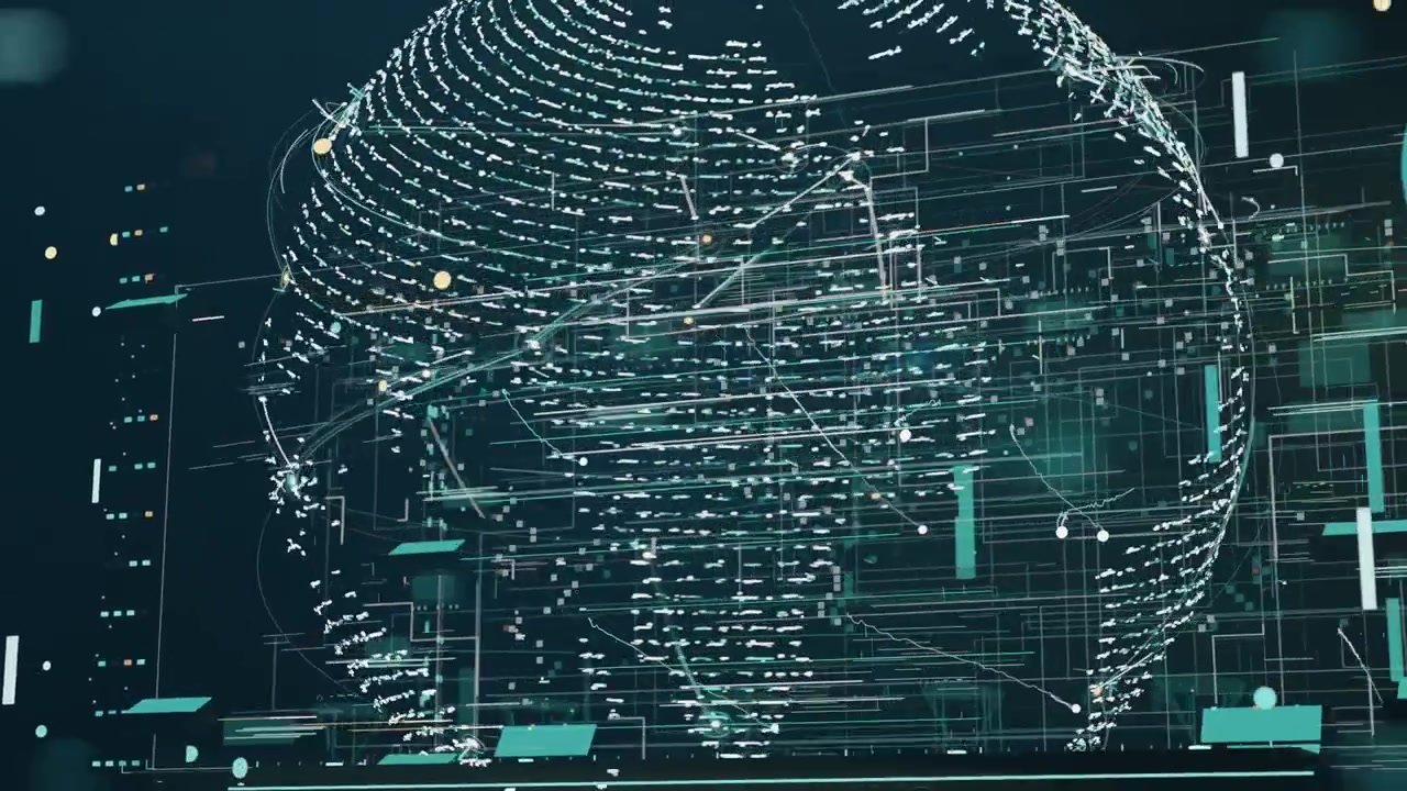 Rotating dotted globe revealing network links and pulsing nodes after teal marker appearing in HUD