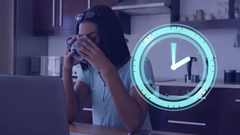 animation of clock and data processing over woman using laptop