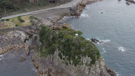 Aerial-view-of-Basalt-Column-coastline-of-Fukui-Echizen-Kaigan,-Hokojima