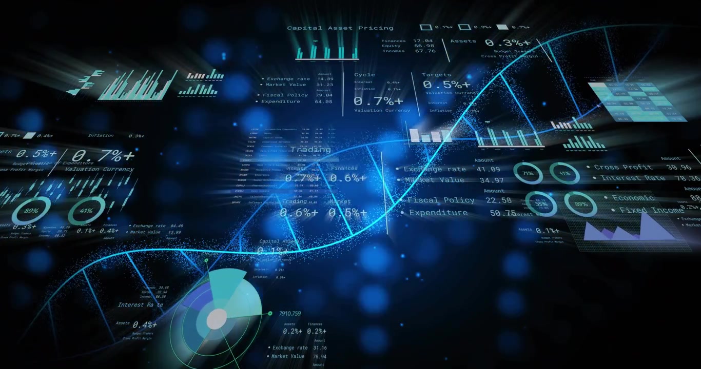 Glowing blue helix entering from left and driving analytics charts updating and reflecting metrics