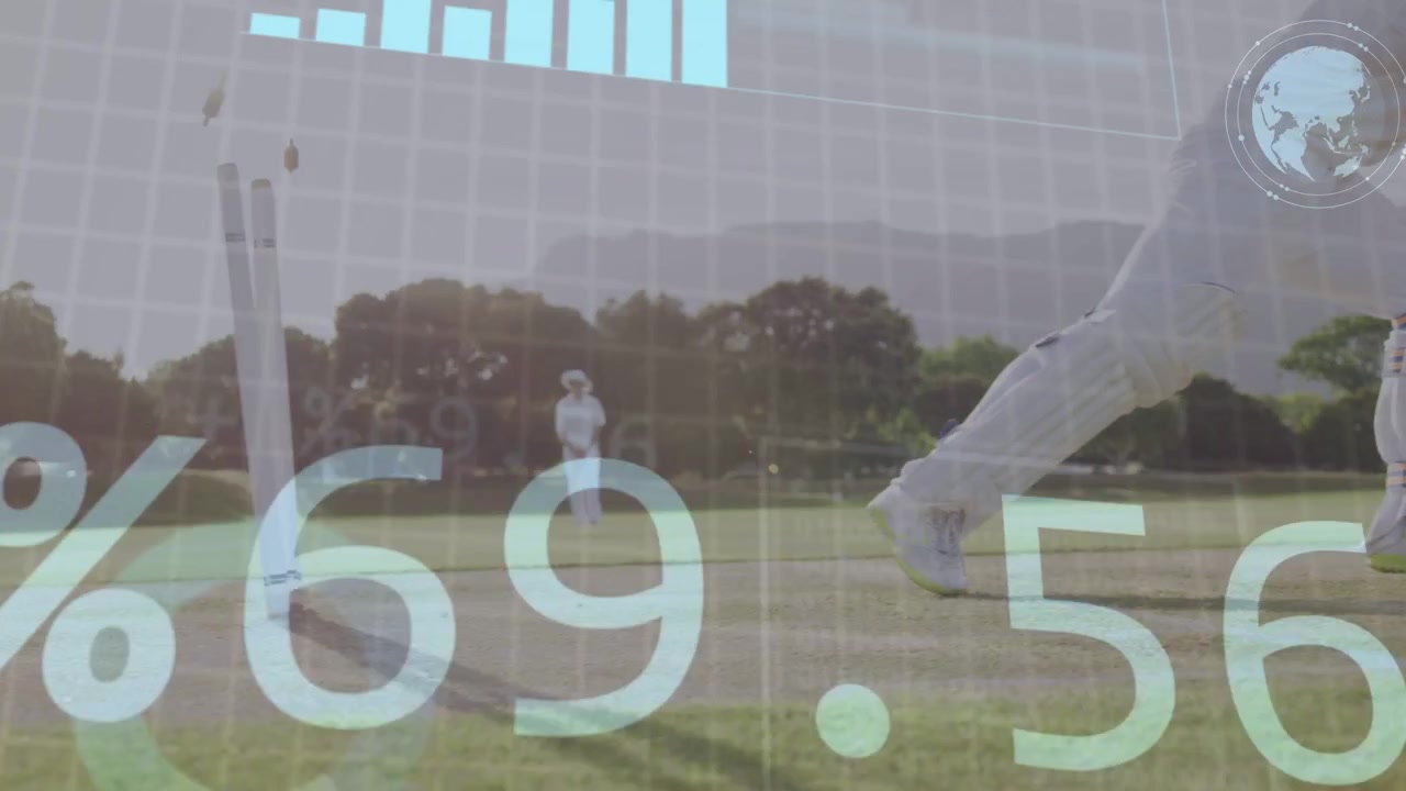 Giocatore di cricket che lancia, battitore che si muove e colpisce, dati di cricket che mostrano grafici percentuali per l'analisi.
