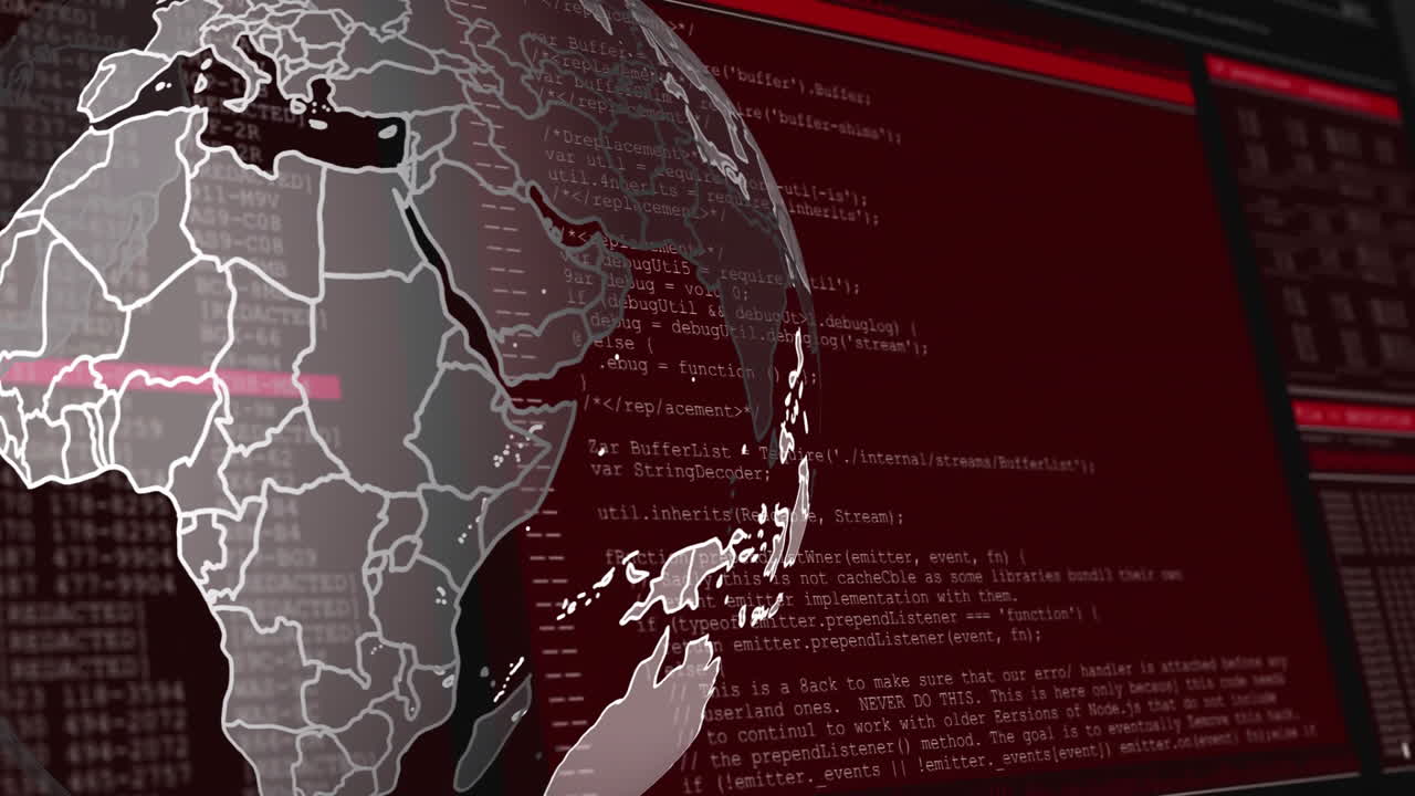 Animation of digital world map overlaying computer code, suggesting cybersecurity theme