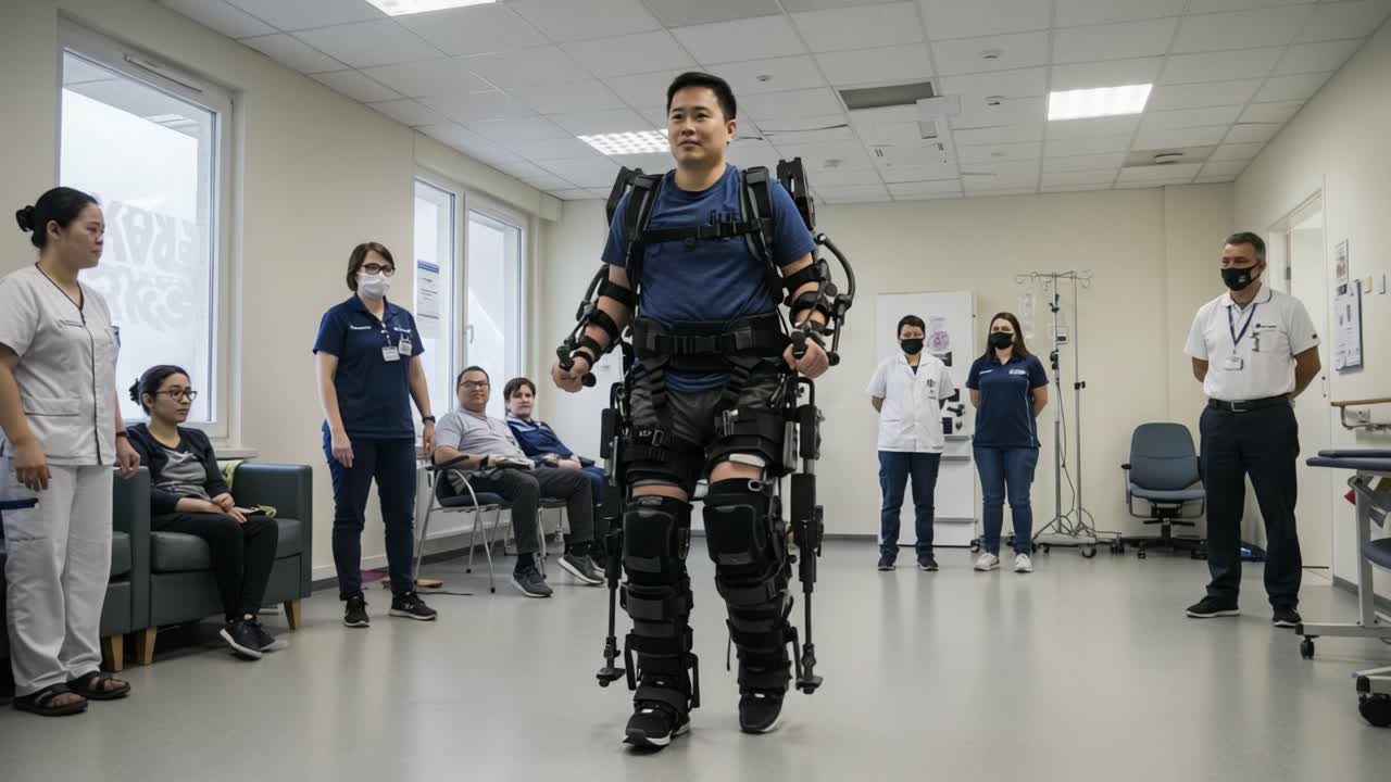 Innovative Robotic Exoskeleton Assists Individual in Walking, Demonstrating Advanced Rehabilitation Technology in a Clinical Setting with Medical Staff Observing