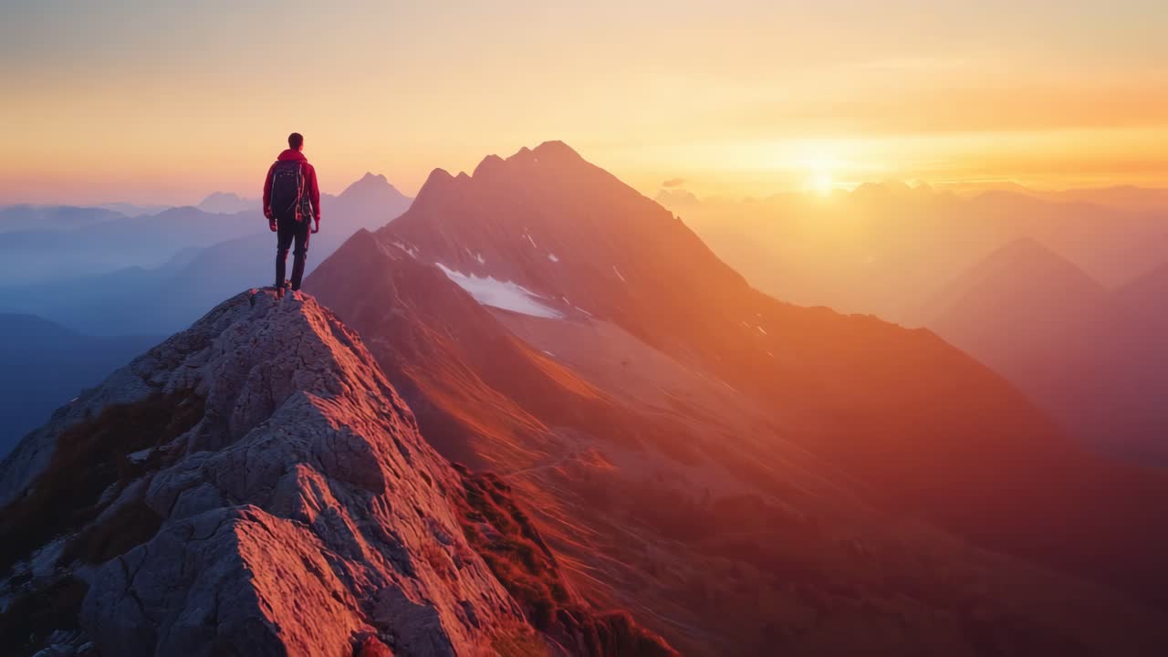 Hiker on Mountain Top at Sunrise
