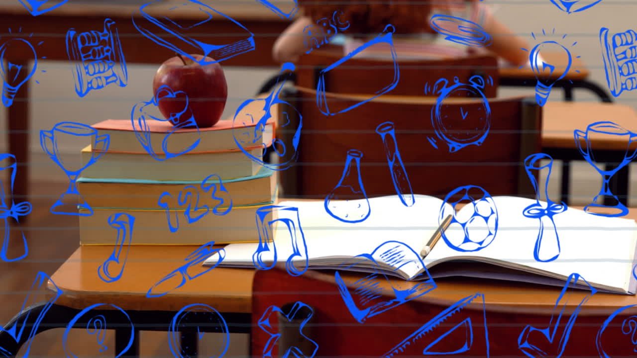 교실에서 다양한 학교 아이들 위에 학교 아이템 아이콘의 애니메이션