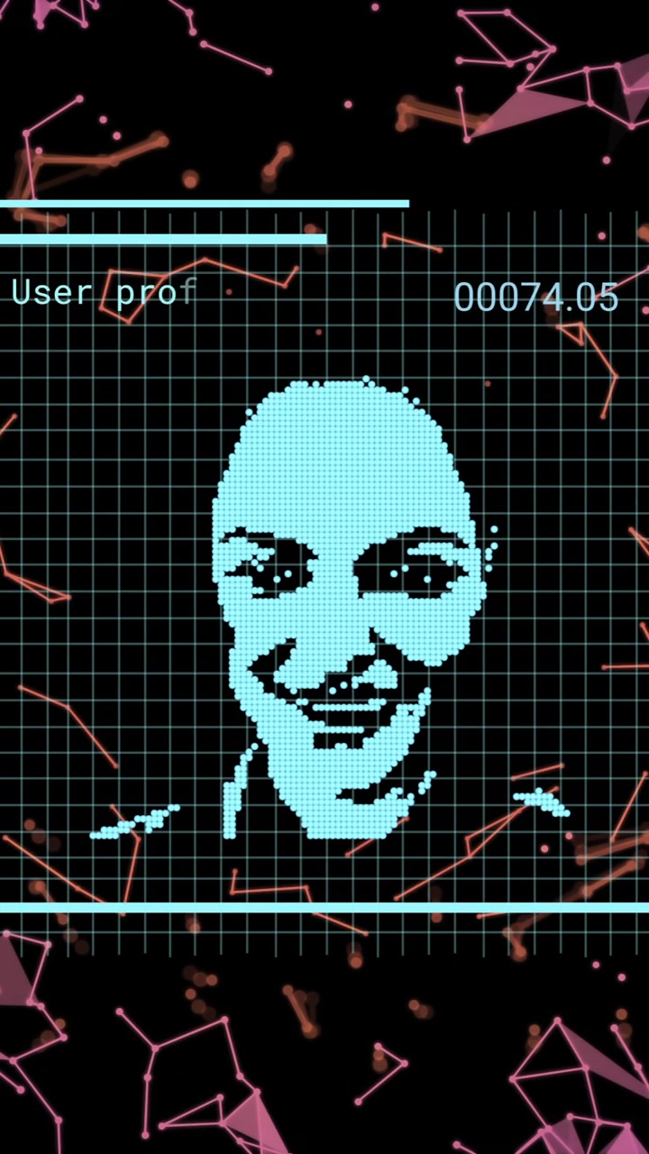 Animación de foto biométrica, procesamiento de datos digitales y conexiones sobre fondo negro