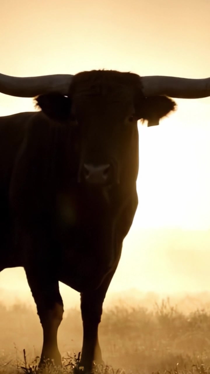 Maestosa silhouette di un toro in piedi in un'alba dorata, che mostra le sue potenti corna su uno sfondo di nebbia e luce soffusa, catturando un sereno momento mattutino.