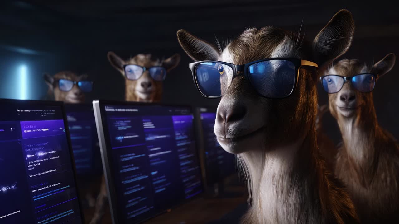 선글라스를 낀 똑똑한 염소 무리가 코딩과 디지털 정보를 보여주는 여러 컴퓨터 화면에 집중하며 하이테크 환경에서 협력하는 모습은 유머와 기술의 조화를 상징합니다.