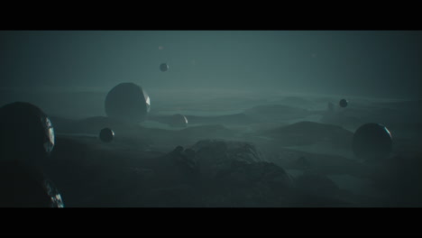 alien planet desert landscape at night with strange sphere-shaped buildings