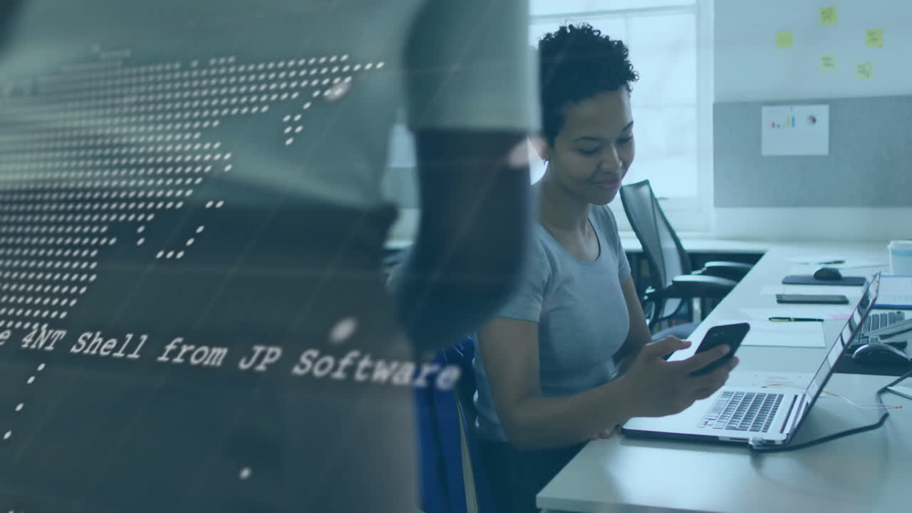 Animation of world map and data processing over diverse colleagues in office
