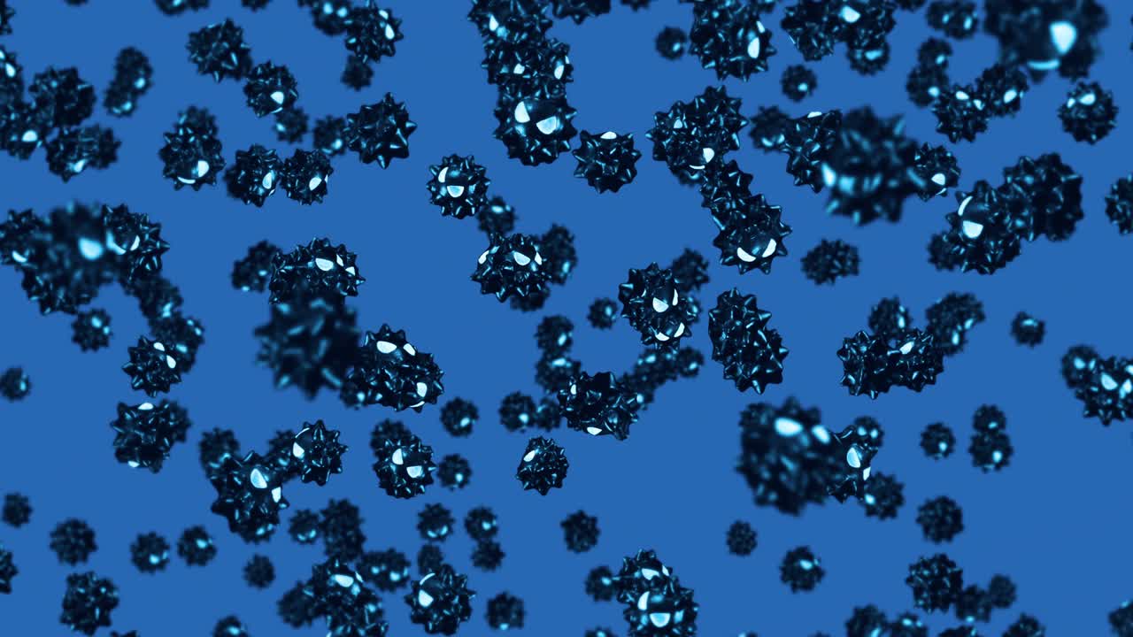 파란색 배경의 만화 캐릭터에서 많은 바이러스를 날아다니는. 의학 개념. 화를 내는 재미있는 검은 바이러스 마스코트. 3d 루프 애니메이션.