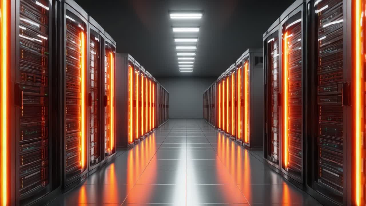 Advanced Data Center with High-Performance Server Racks Illuminated by LED Lights, Creating a Dynamic and Efficient Computing Environment