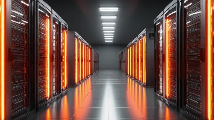 Advanced Data Center with High-Performance Server Racks Illuminated by LED Lights, Creating a Dynamic and Efficient Computing Environment