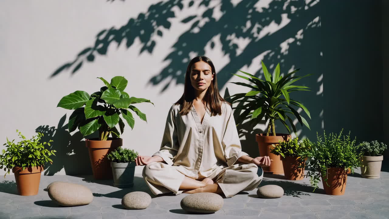 Woman meditating outdoors surrounded by plants