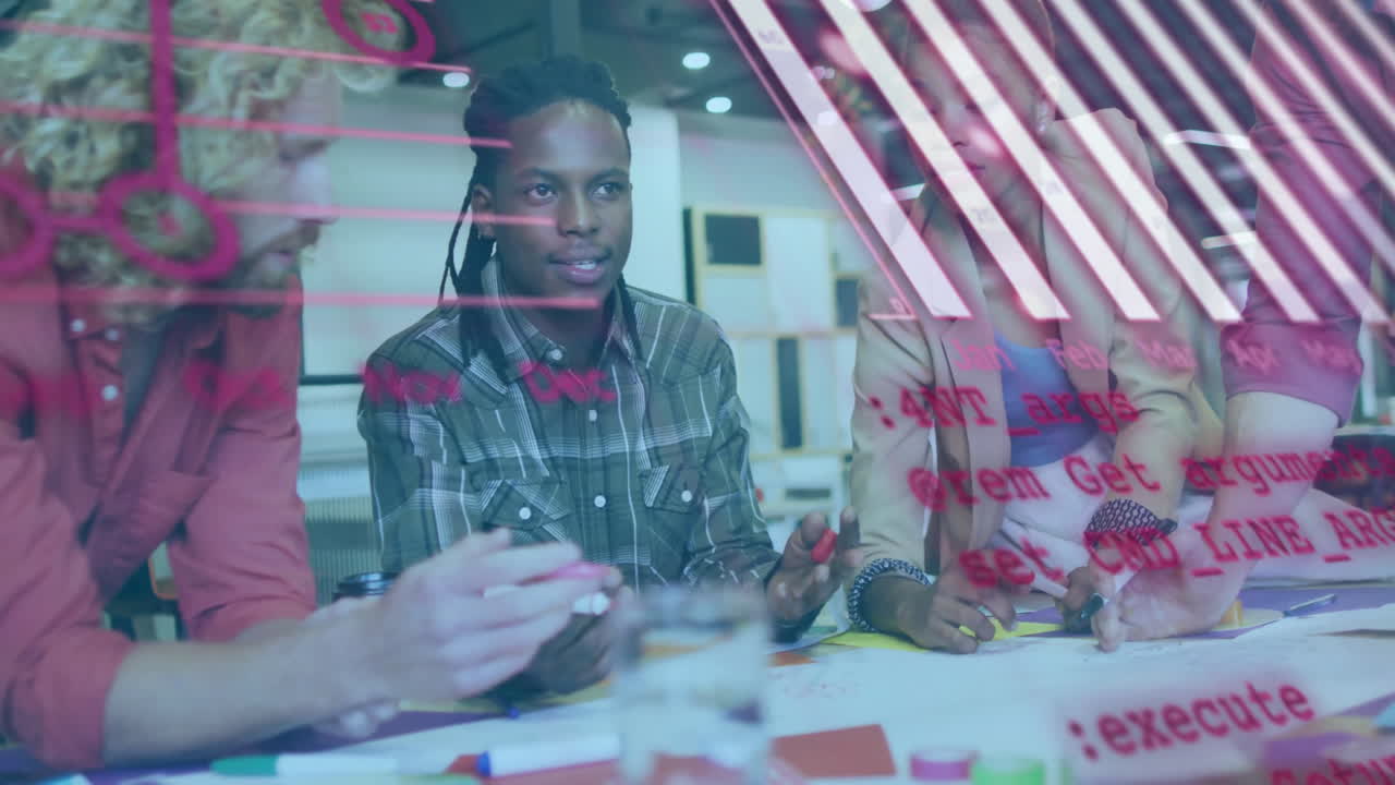 Computer code animation over diverse team collaborating in modern office