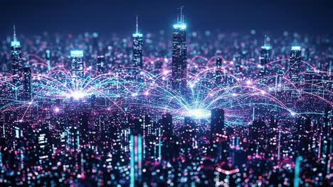 a vibrant digital landscape showcasing network connectivity and radiating information flow over a futuristic city at night with neon colors