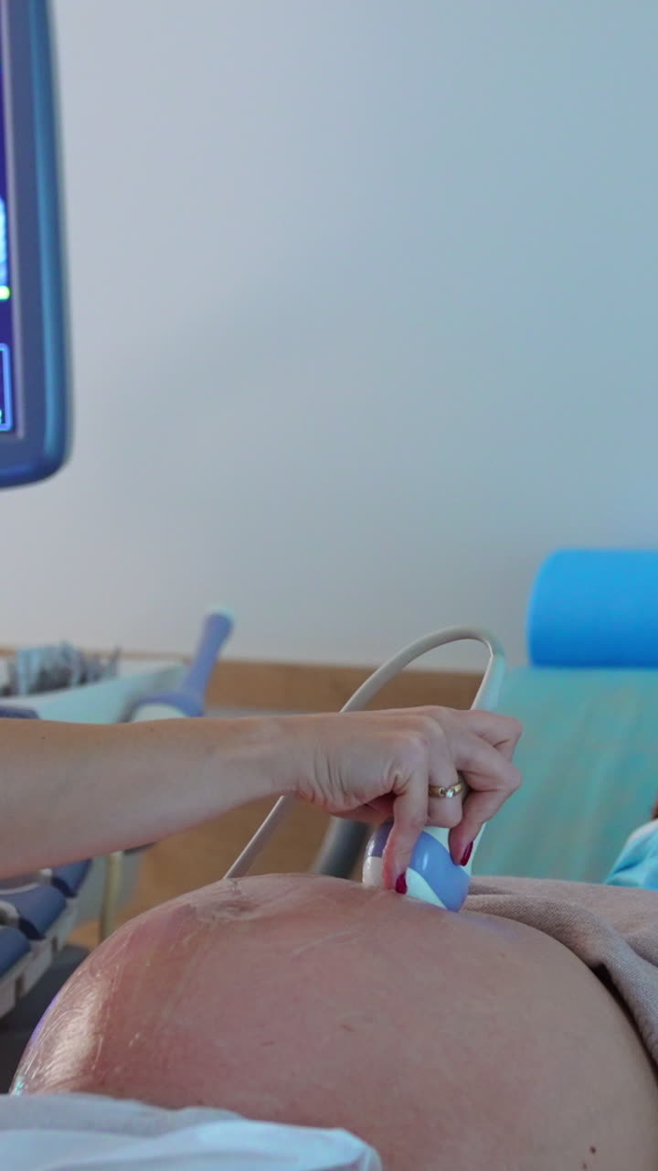Doctor checking up the baby development at ultrasound examination. Obstetrician moves the equipment around big abdomen of a future mom. Vertical video