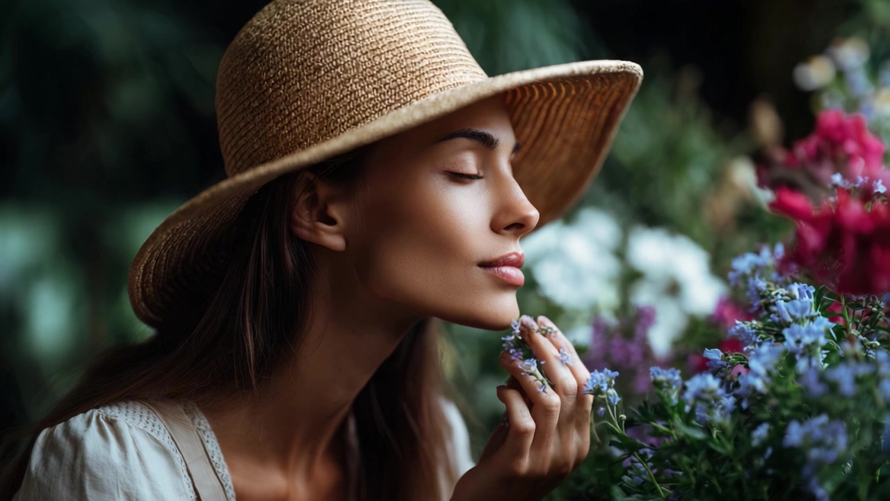 Una giovane donna con un cappello di paglia si gode la bellezza dei fiori in fiore, assaporando il profumo con un'espressione serena, circondata da un vibrante giardino floreale.