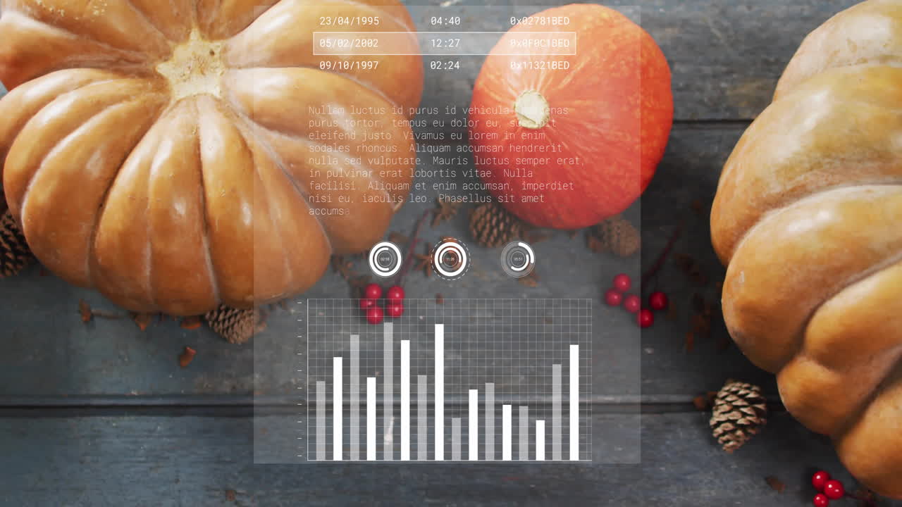 Pumpkins and berries on wooden table with data processing animation overlay
