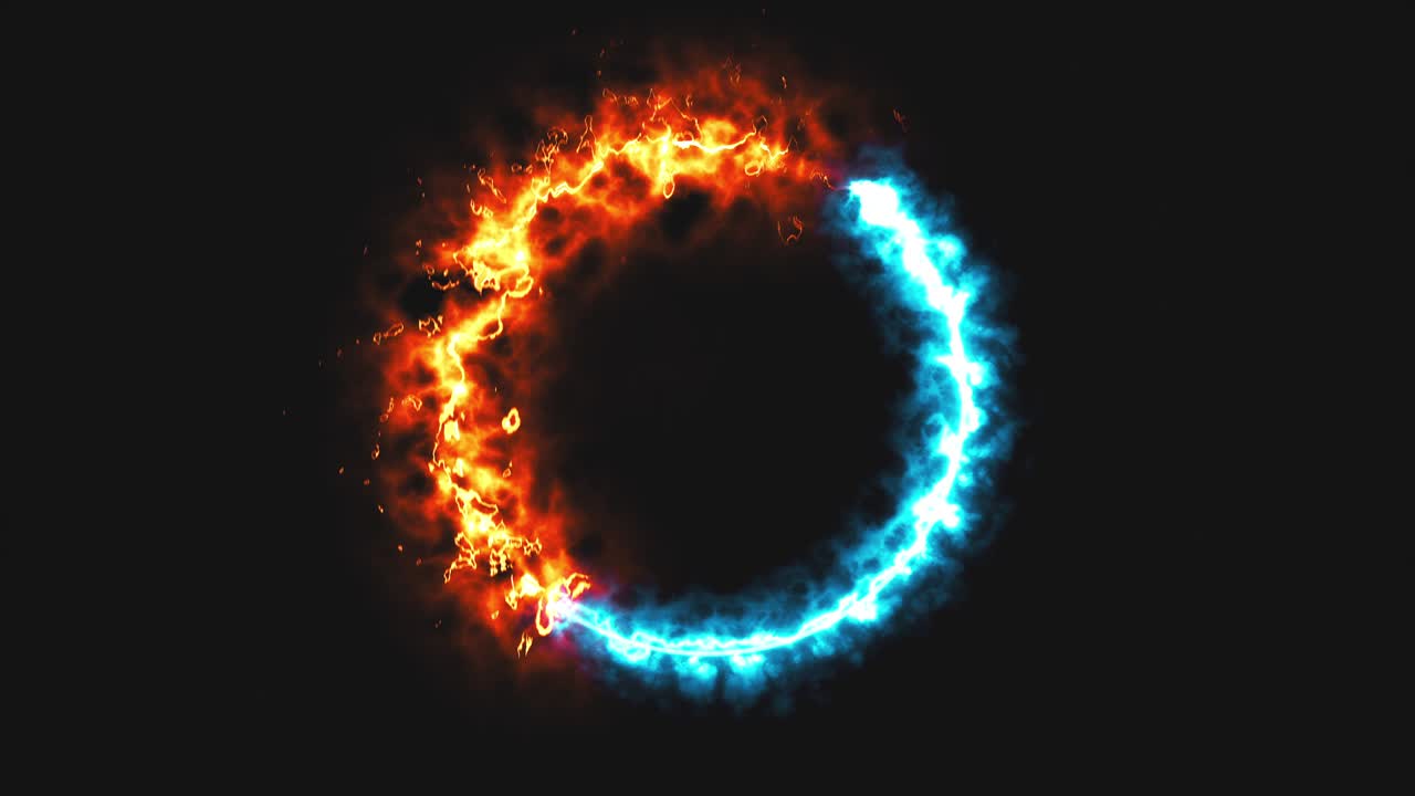 brillante anillo de fuego y hielo dymanic en el espacio, este es el símbolo opuesto, renderizado en 3d, fondo generado por computadora