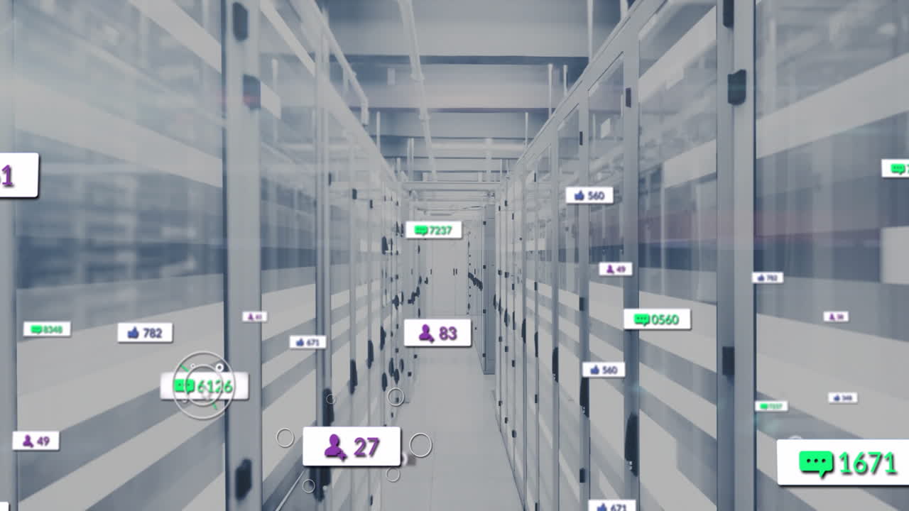 현대 데이터 센터에서 서버 랙을 통해 데이터 처리 애니메이션