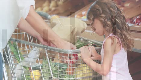 animation of financial data over caucasian mother and daughter shopping at market