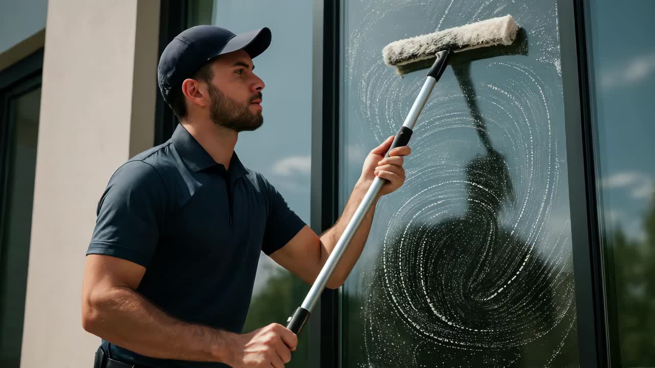 A professional cleaner in uniform washes a large window with a squeegee