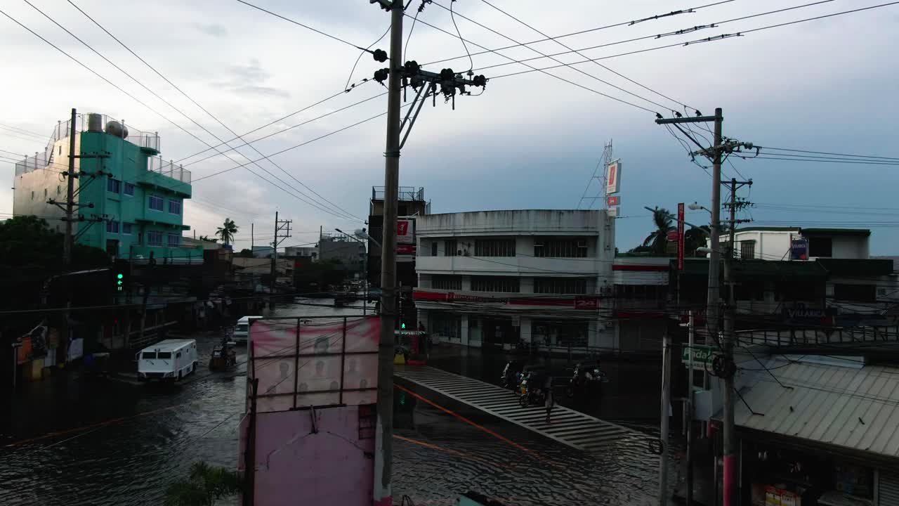 Drone take off shot, viewing flooded places and highways from Dagupan City, Philippines