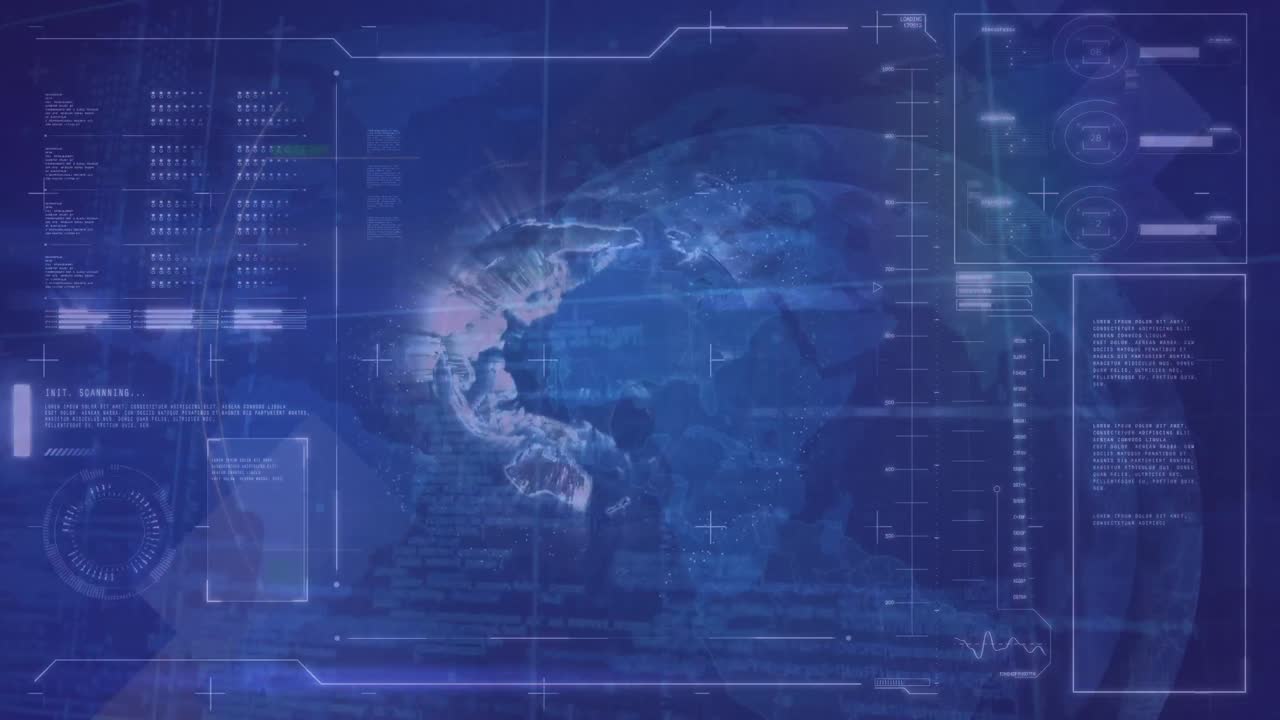 Animation of globe and data processing on blue background