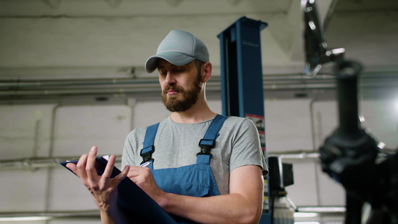 Man with cap writing at the garage