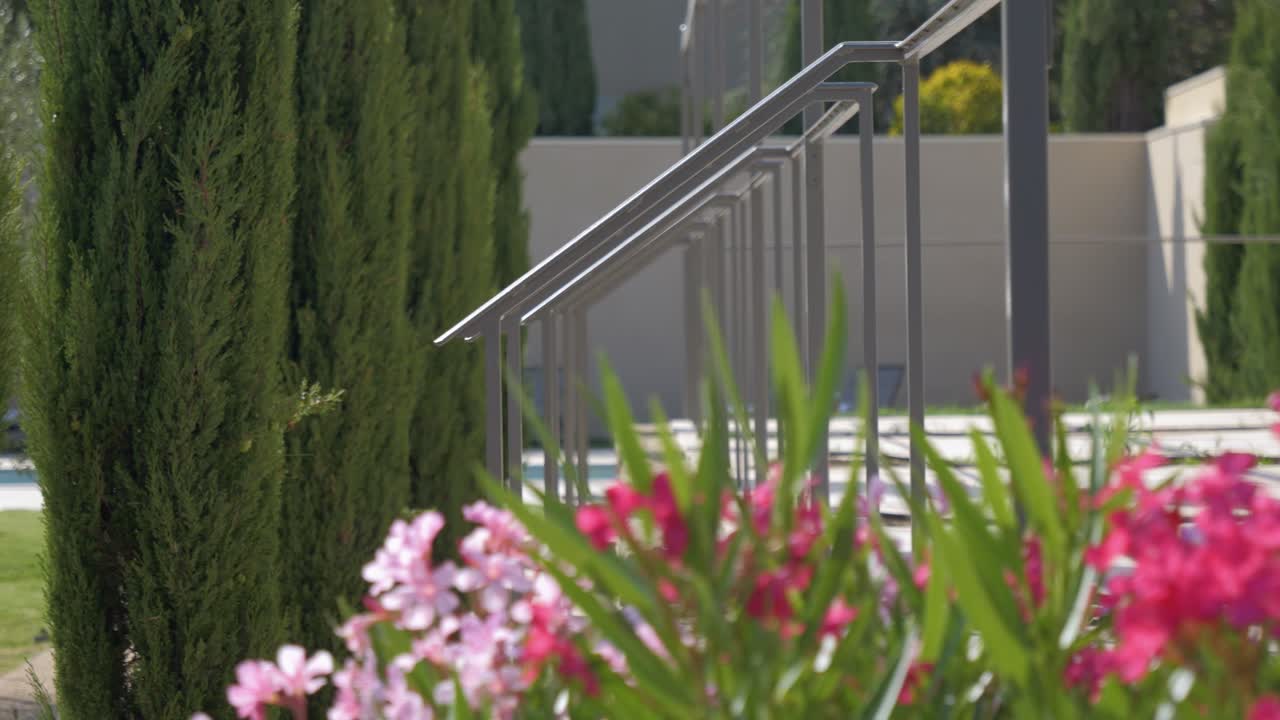 toma lenta de un patio trasero pavimentado rodeado de flores vibrantes