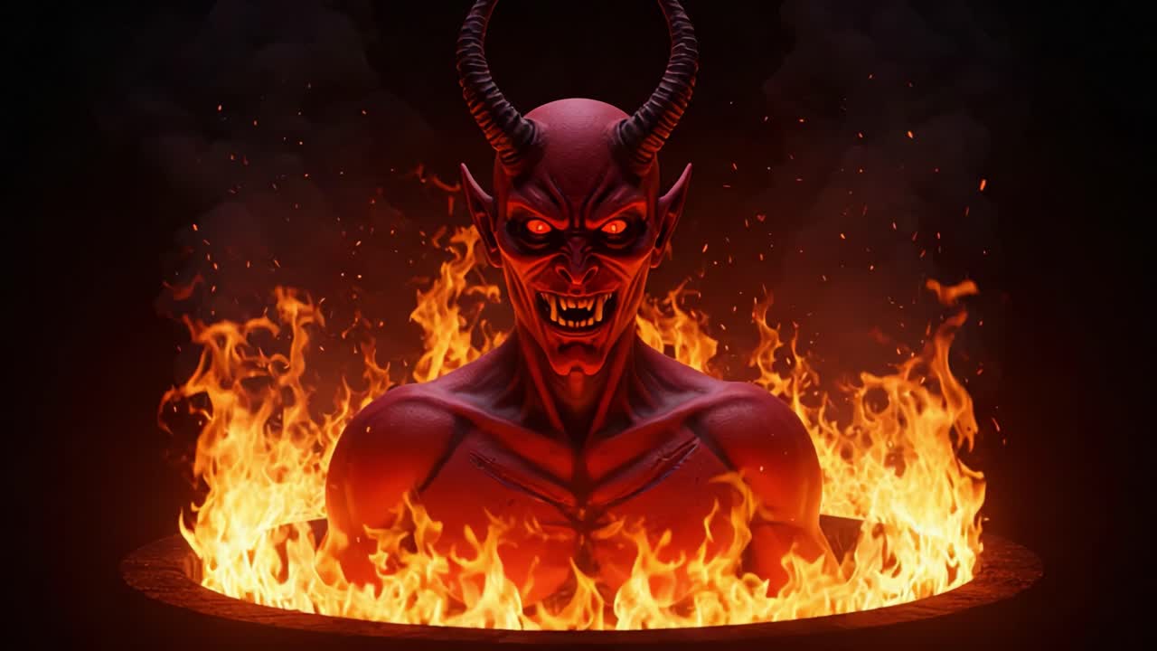 A Fiery Encounter with the Infernal Entity: A Striking Depiction of a Devilish Figure Emerges from Flames, Showcasing Menacing Attributes and Fiery Surroundings