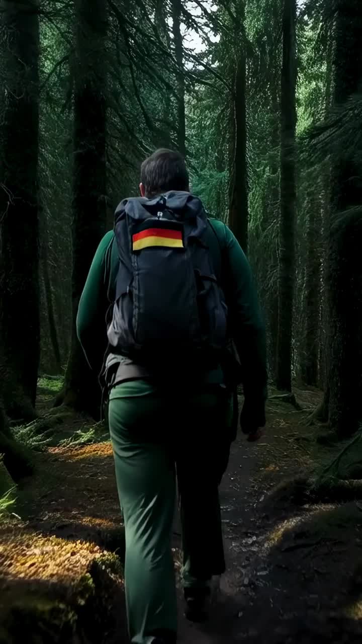 Video verticale: uomo che fa escursioni nel verde seguendo un sentiero nel bosco con toppa.