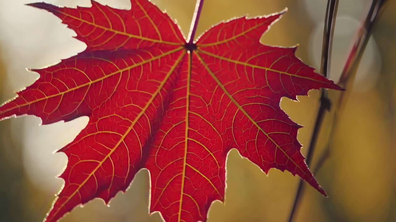 Close-up video of a vibrant red maple leaf against a blurred background