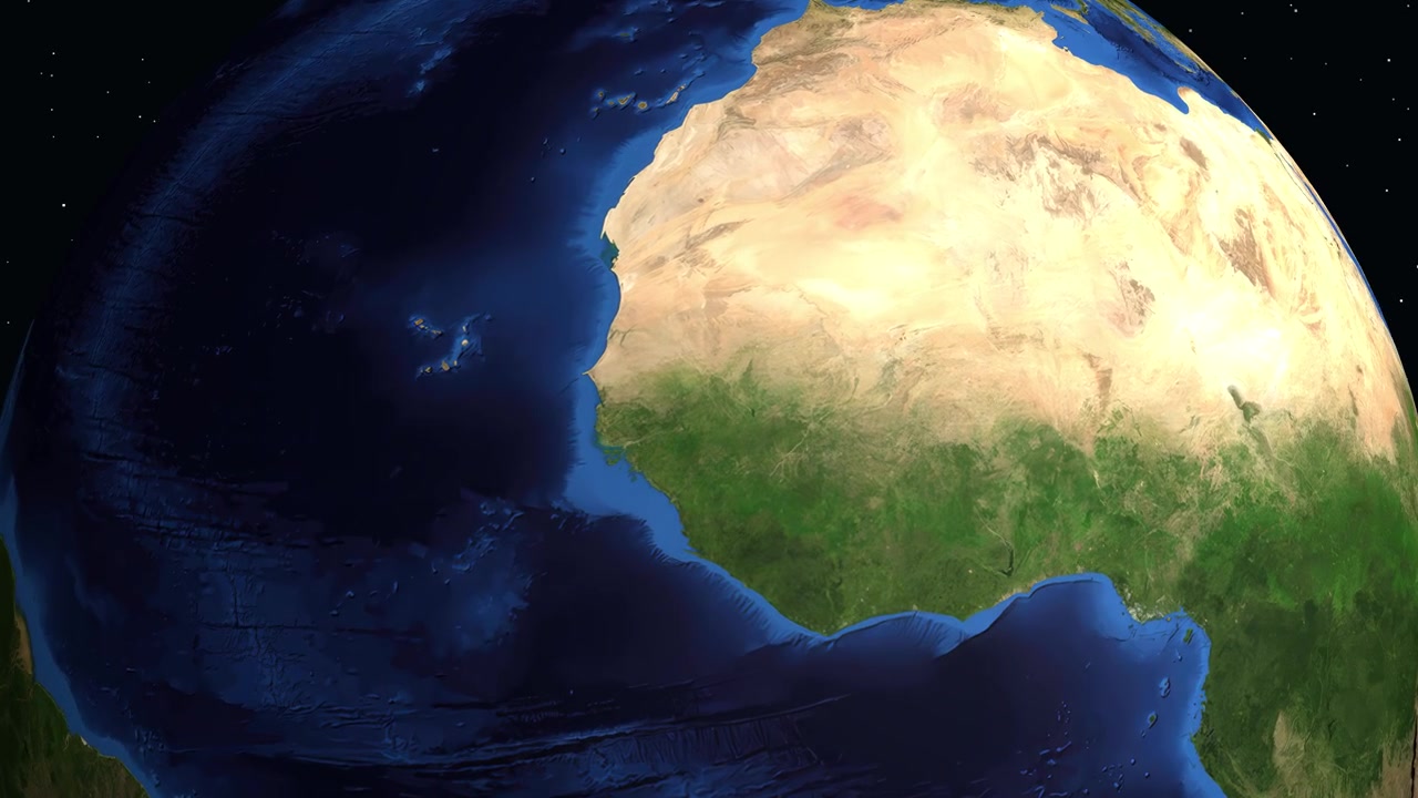 Un globo digitale ruota e si ingrandisce sull'Africa occidentale, evidenziando Tambacounda, Senegal, con dati di localizzazione