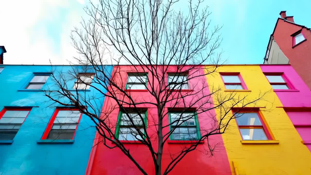 un edificio colorido con un árbol delante de él