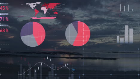 Animation-of-data-processing,-stock-market-and-world-map-over-landscape